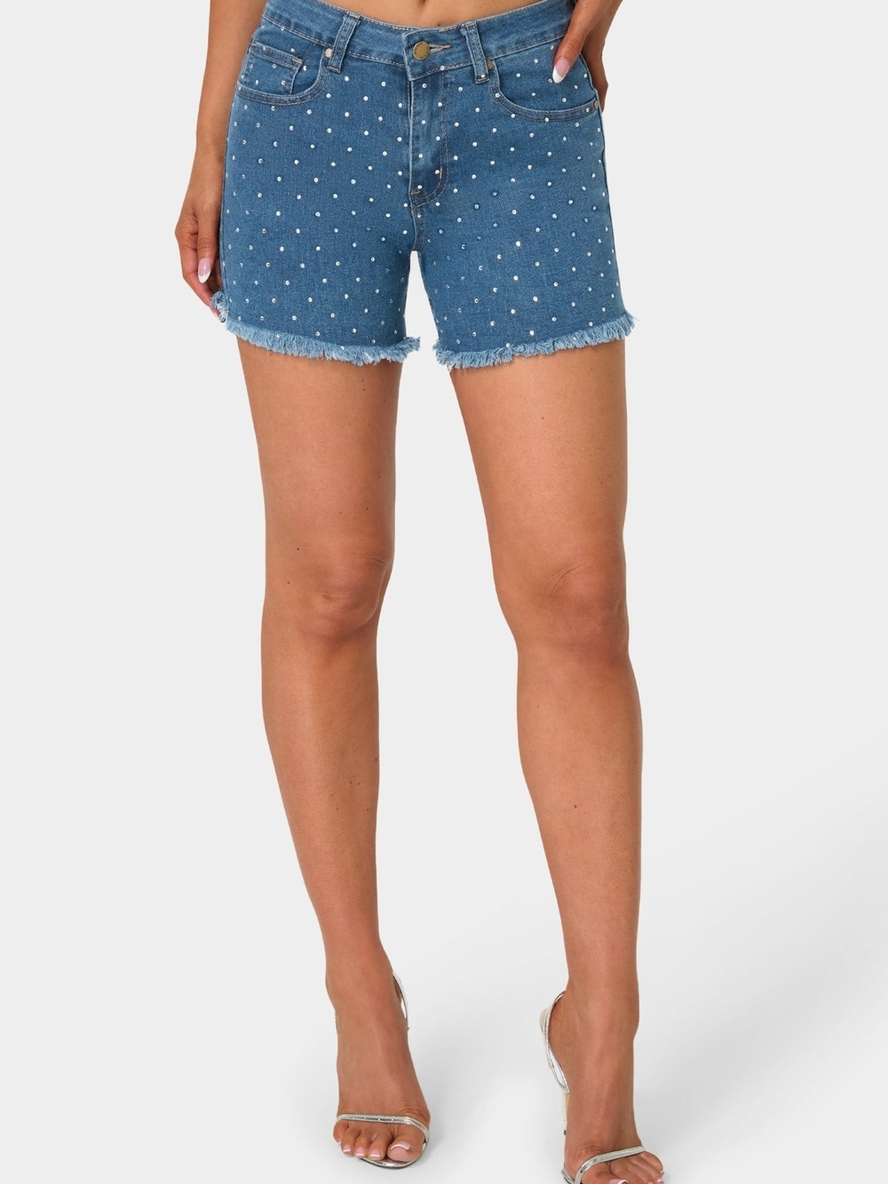 2B Bebe Blue Denim Pearl-Embellished Frayed Hem Shorts